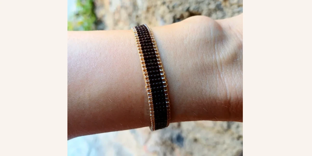 Bracelet Miyuki Chocolat/ Beige Crystal, tissé à la main sur 6 rangs